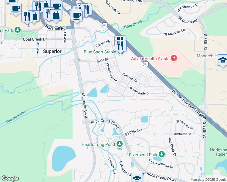 map of restaurants, bars, coffee shops, grocery stores, and more near 598 Discovery Parkway in Superior