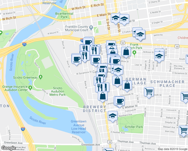 map of restaurants, bars, coffee shops, grocery stores, and more near 671 South High Street in Columbus
