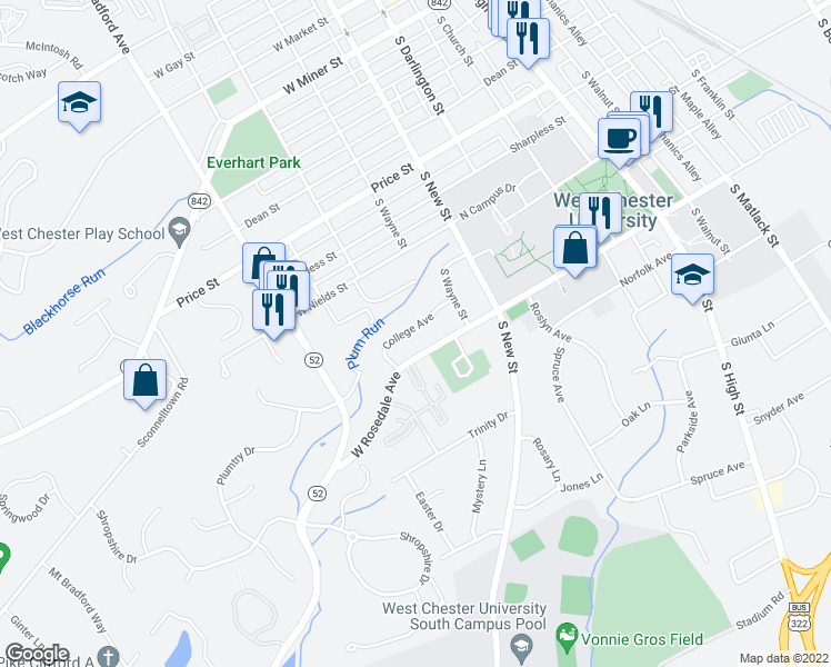 map of restaurants, bars, coffee shops, grocery stores, and more near 414 College Avenue in West Chester