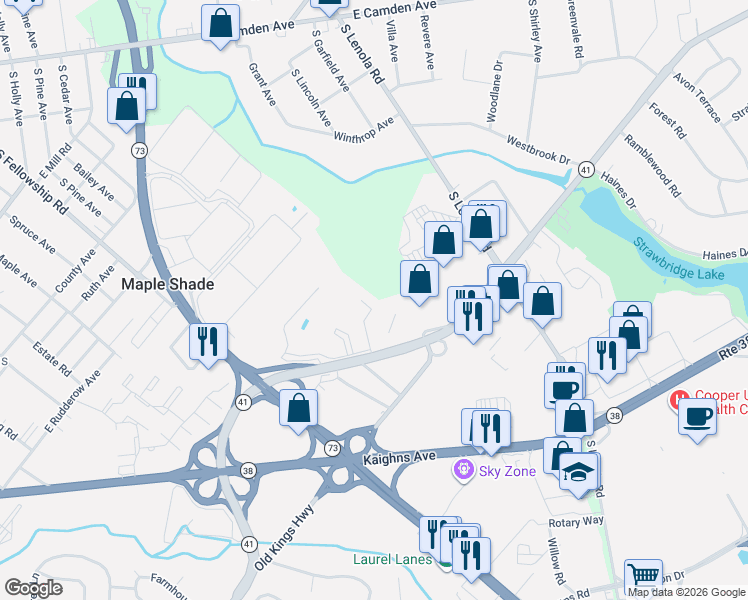 map of restaurants, bars, coffee shops, grocery stores, and more near 115 East Kings Highway in Maple Shade