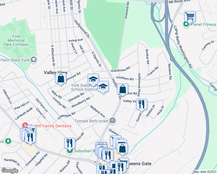 map of restaurants, bars, coffee shops, grocery stores, and more near 1800 Hollywood Drive in York