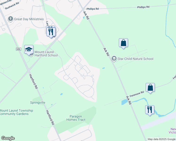 map of restaurants, bars, coffee shops, grocery stores, and more near 4505A Albridge Way in Mount Laurel Township