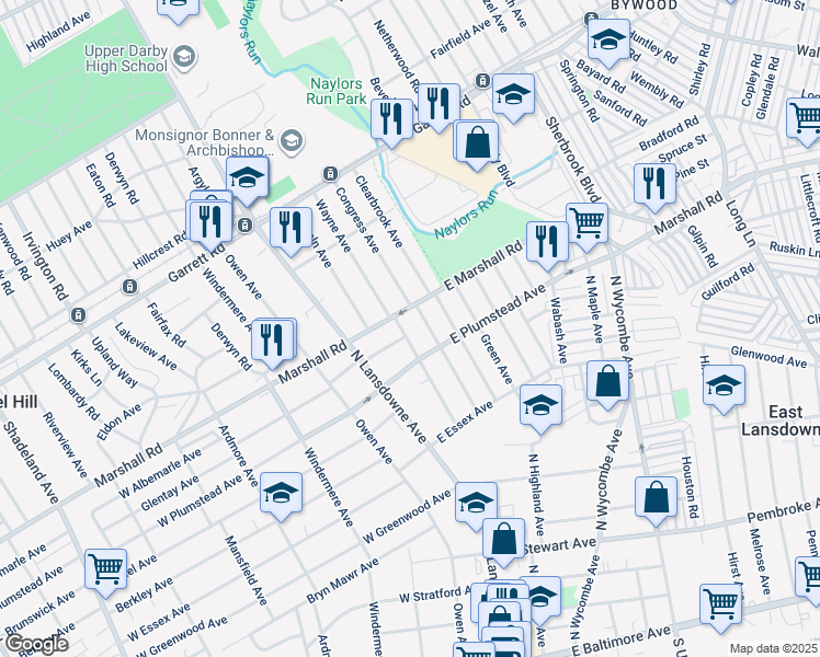 map of restaurants, bars, coffee shops, grocery stores, and more near 267 Wayne Avenue in Lansdowne