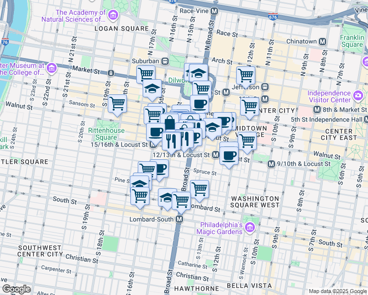 map of restaurants, bars, coffee shops, grocery stores, and more near 240 South Broad Street in Philadelphia