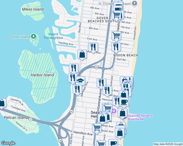 map of restaurants, bars, coffee shops, grocery stores, and more near 234 Sampson Avenue in Seaside Heights