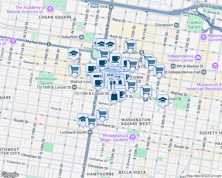 map of restaurants, bars, coffee shops, grocery stores, and more near 210 South 13th Street in Philadelphia