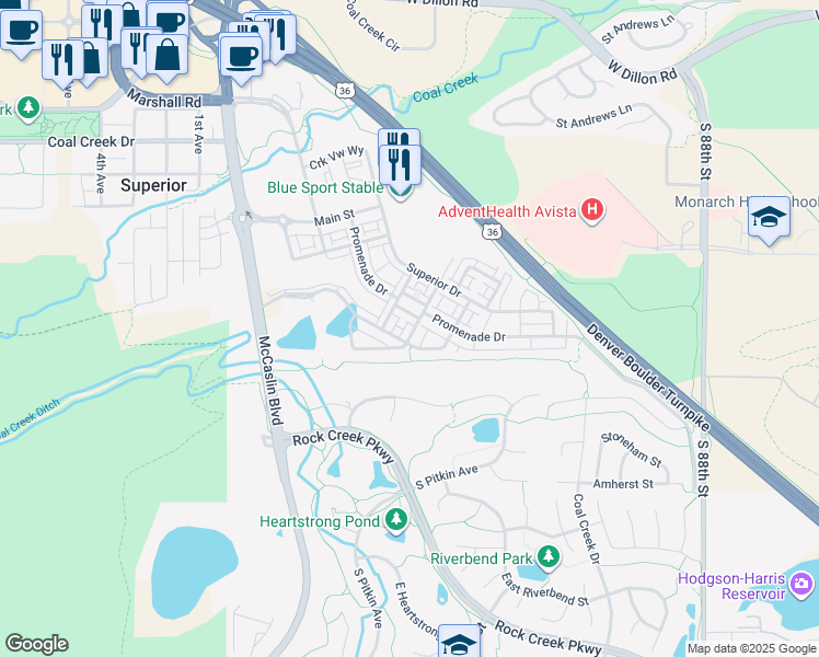 map of restaurants, bars, coffee shops, grocery stores, and more near 2214 Central Park Way in Superior