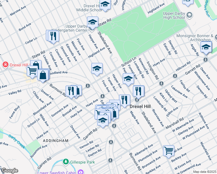 map of restaurants, bars, coffee shops, grocery stores, and more near 515 Foss Avenue in Drexel Hill
