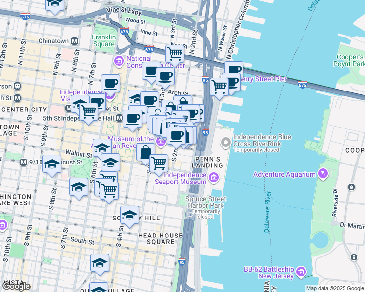 map of restaurants, bars, coffee shops, grocery stores, and more near 107 South 2nd Street in Philadelphia