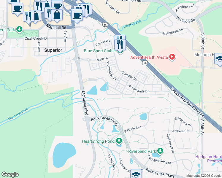 map of restaurants, bars, coffee shops, grocery stores, and more near 586 Discovery Parkway in Superior