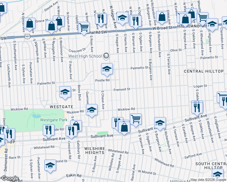 map of restaurants, bars, coffee shops, grocery stores, and more near 334 South Powell Avenue in Columbus