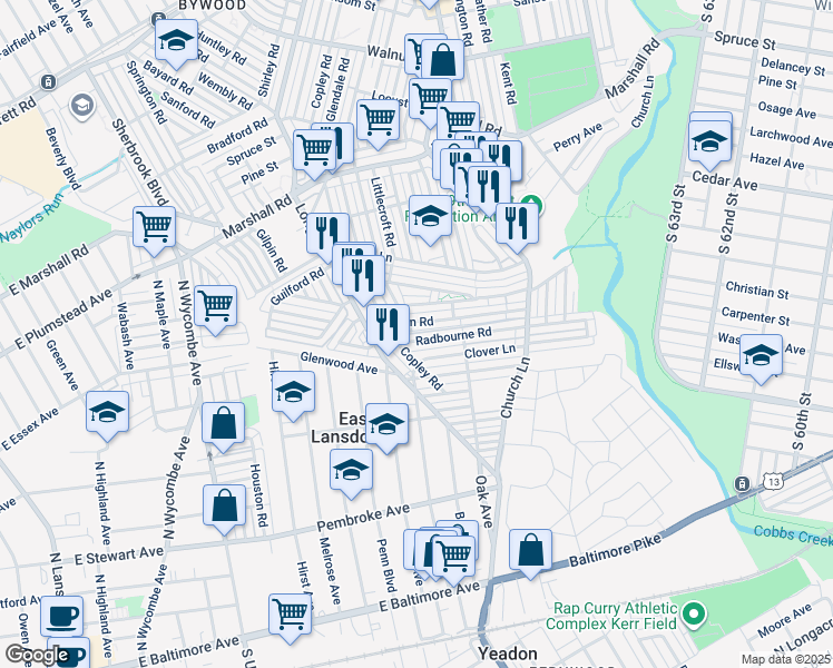 map of restaurants, bars, coffee shops, grocery stores, and more near 7149 Radbourne Road in Upper Darby