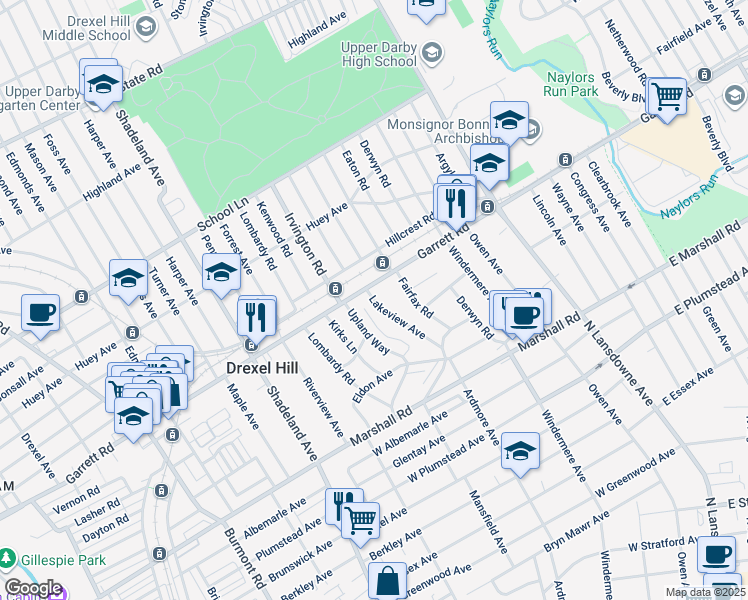 map of restaurants, bars, coffee shops, grocery stores, and more near 390 Lakeview Ave in Drexel Hill