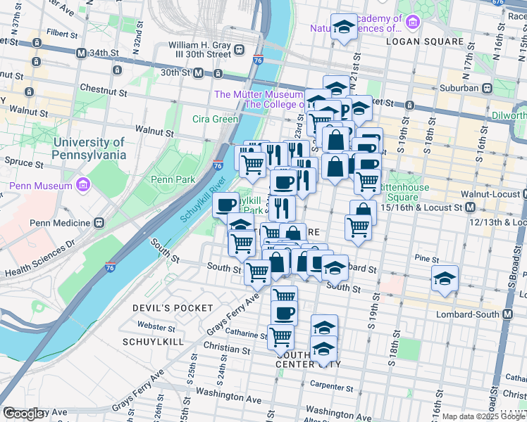 map of restaurants, bars, coffee shops, grocery stores, and more near in Philadelphia