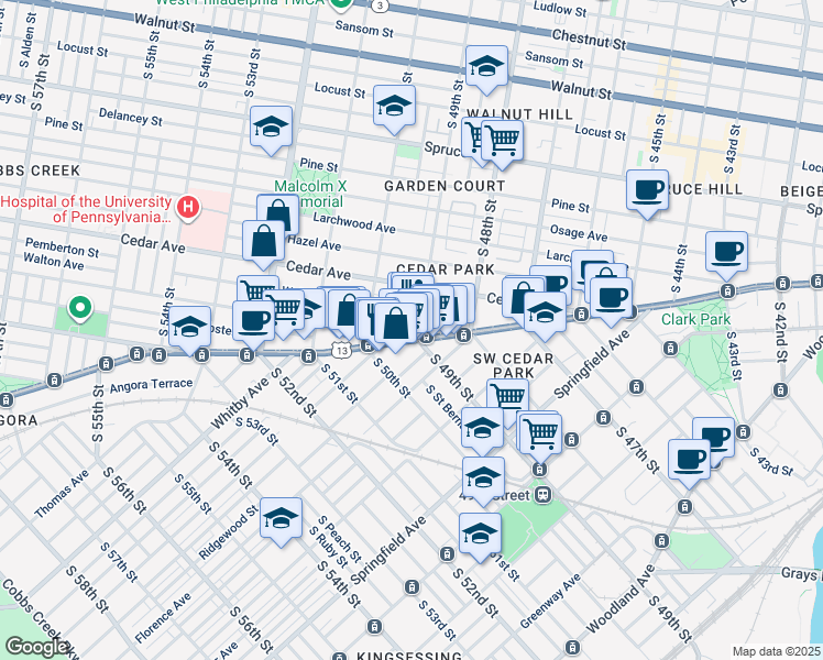 map of restaurants, bars, coffee shops, grocery stores, and more near 4905 Catharine Street in Philadelphia