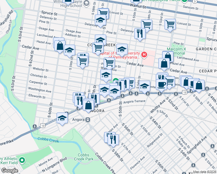 map of restaurants, bars, coffee shops, grocery stores, and more near 5601 Christian Street in Philadelphia