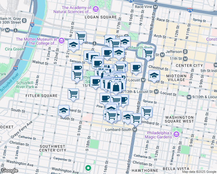 map of restaurants, bars, coffee shops, grocery stores, and more near S 17th St & Latimer St in Philadelphia