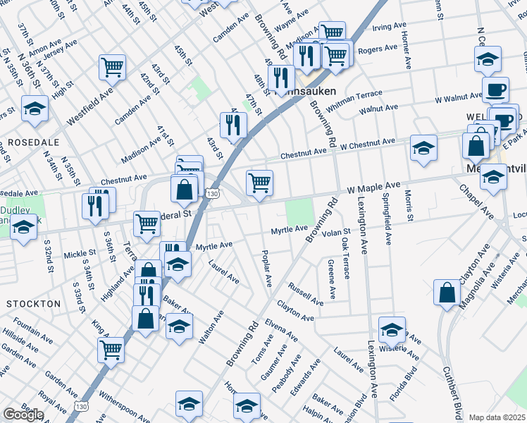 map of restaurants, bars, coffee shops, grocery stores, and more near 107 Poplar Avenue in Merchantville