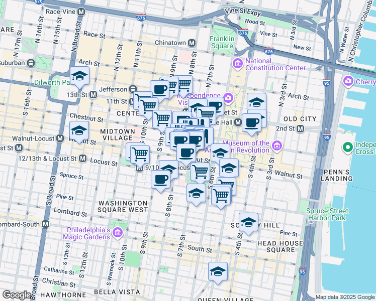 map of restaurants, bars, coffee shops, grocery stores, and more near 720 Sansom Street in Philadelphia