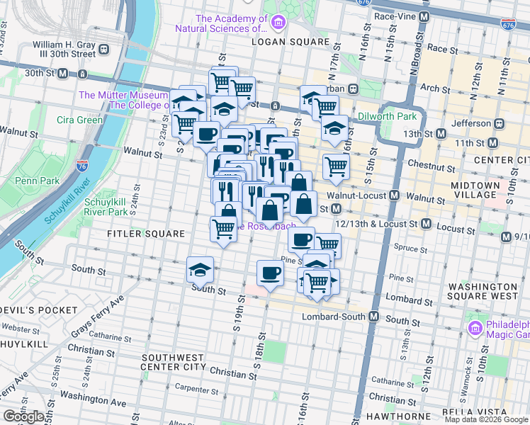 map of restaurants, bars, coffee shops, grocery stores, and more near in Philadelphia