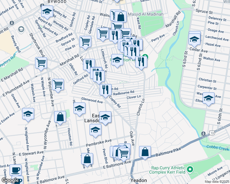 map of restaurants, bars, coffee shops, grocery stores, and more near 7141 Radbourne Road in Upper Darby