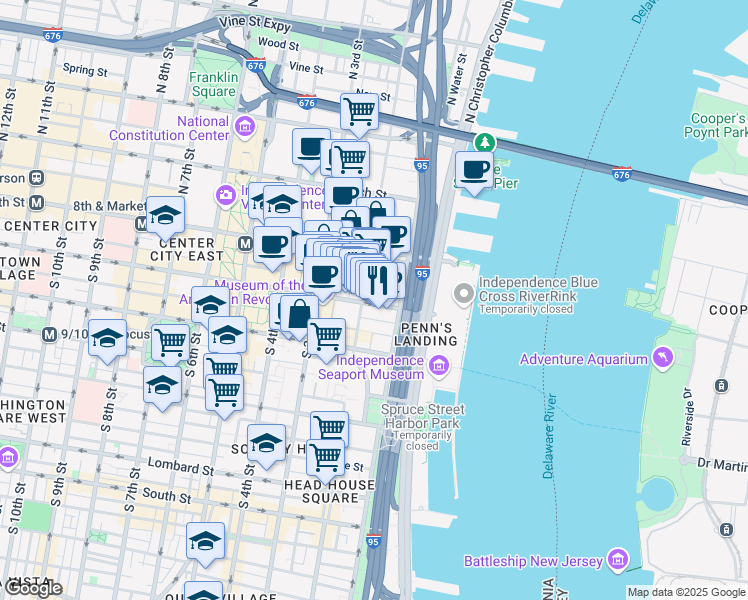 map of restaurants, bars, coffee shops, grocery stores, and more near 117 Chestnut Street in Philadelphia