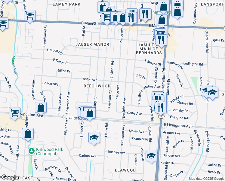 map of restaurants, bars, coffee shops, grocery stores, and more near 1283 Pierce Avenue in Columbus