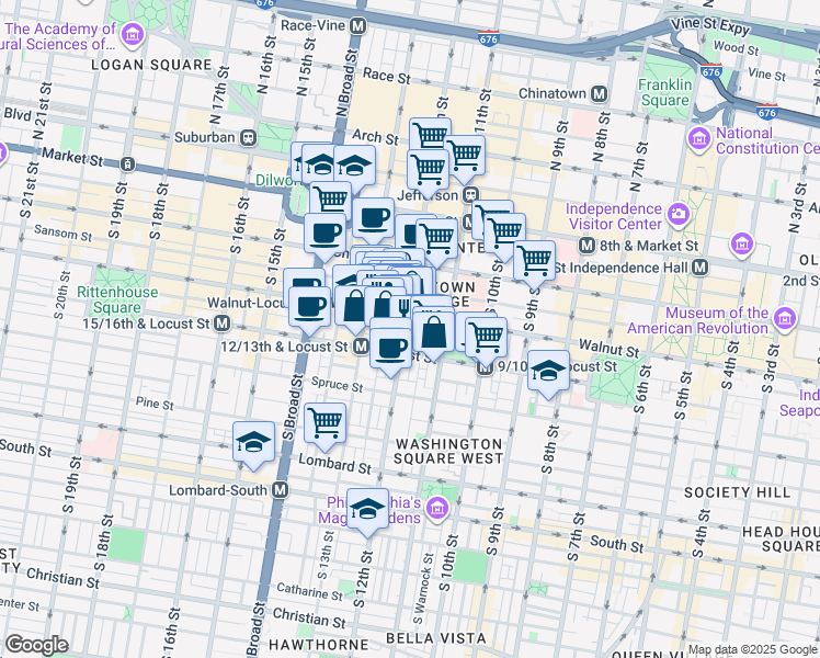 map of restaurants, bars, coffee shops, grocery stores, and more near 1111 Locust Street in Philadelphia