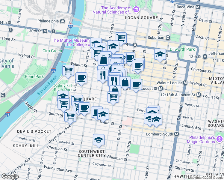 map of restaurants, bars, coffee shops, grocery stores, and more near 2023 Cypress Street in Philadelphia