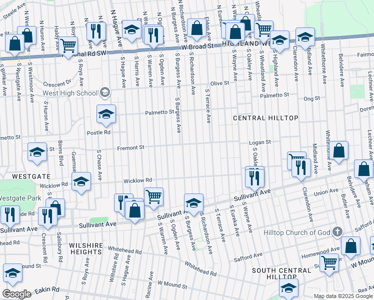 map of restaurants, bars, coffee shops, grocery stores, and more near 346 South Burgess Avenue in Columbus