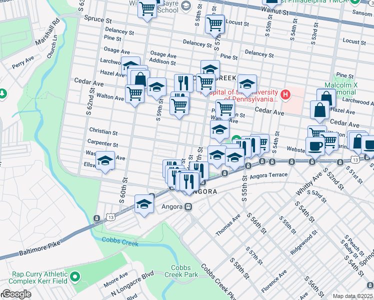 map of restaurants, bars, coffee shops, grocery stores, and more near 809 South Cecil Street in Philadelphia