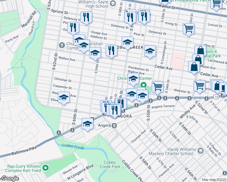 map of restaurants, bars, coffee shops, grocery stores, and more near 809 South Cecil Street in Philadelphia
