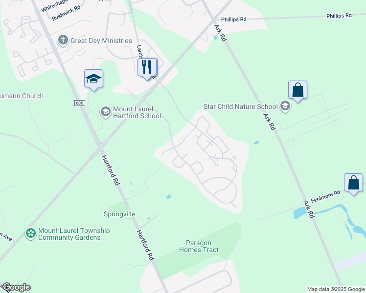 map of restaurants, bars, coffee shops, grocery stores, and more near 1 Kenton Place in Mount Laurel Township
