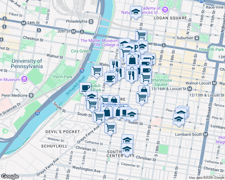 map of restaurants, bars, coffee shops, grocery stores, and more near in Philadelphia