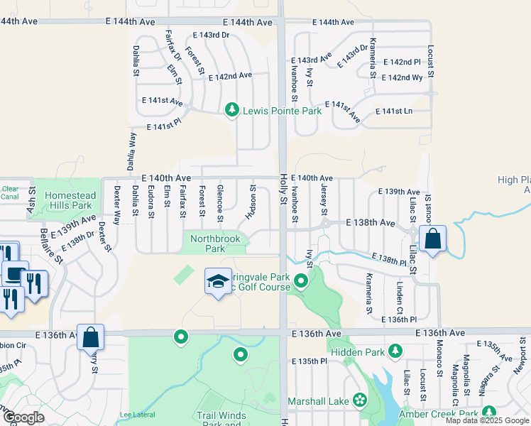 map of restaurants, bars, coffee shops, grocery stores, and more near 5495 East 138th Avenue in Thornton