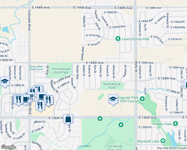 map of restaurants, bars, coffee shops, grocery stores, and more near 13876 Eudora Street in Thornton