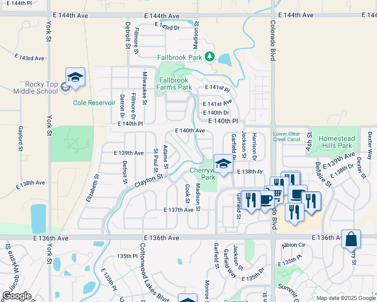 map of restaurants, bars, coffee shops, grocery stores, and more near 13901 Cook Street in Thornton
