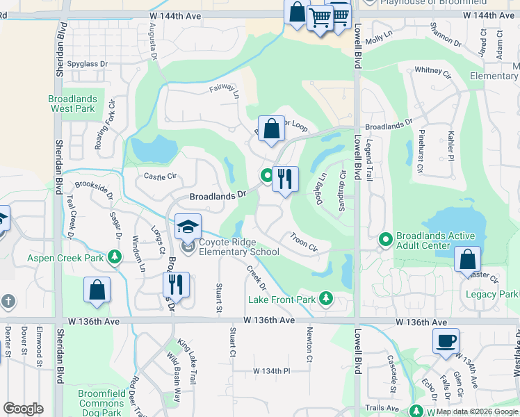 map of restaurants, bars, coffee shops, grocery stores, and more near 13840 Broadlands Lane in Broomfield