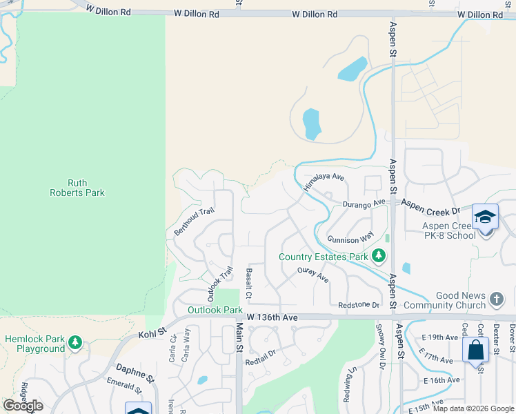 map of restaurants, bars, coffee shops, grocery stores, and more near 260 Himalaya Avenue in Broomfield