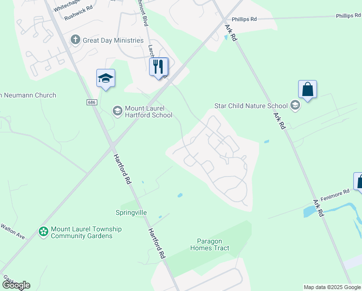 map of restaurants, bars, coffee shops, grocery stores, and more near 3 Eddlewood Place in Mount Laurel