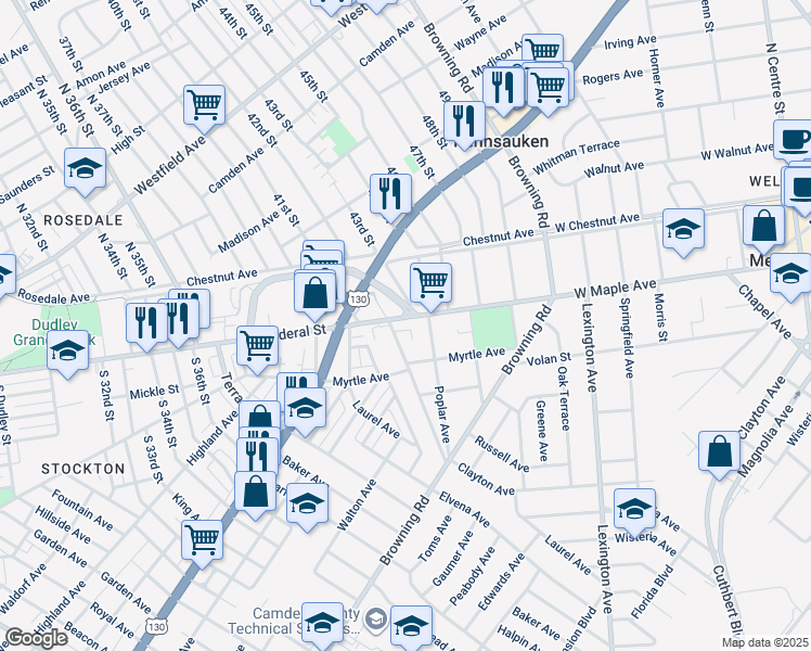 map of restaurants, bars, coffee shops, grocery stores, and more near 15 West End Avenue in Merchantville