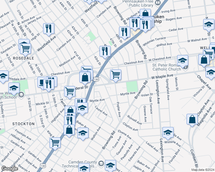 map of restaurants, bars, coffee shops, grocery stores, and more near 15 West End Avenue in Merchantville