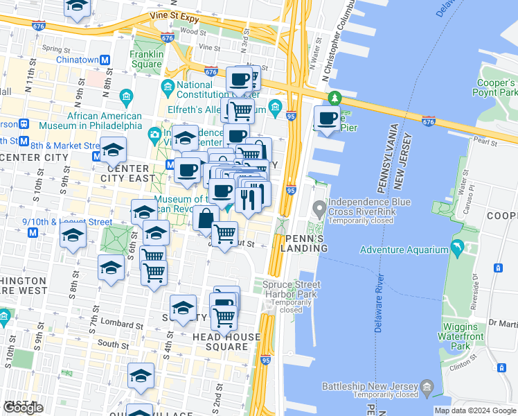 map of restaurants, bars, coffee shops, grocery stores, and more near 107 South 2nd Street in Philadelphia