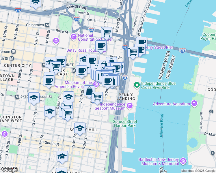 map of restaurants, bars, coffee shops, grocery stores, and more near 107 South 2nd Street in Philadelphia