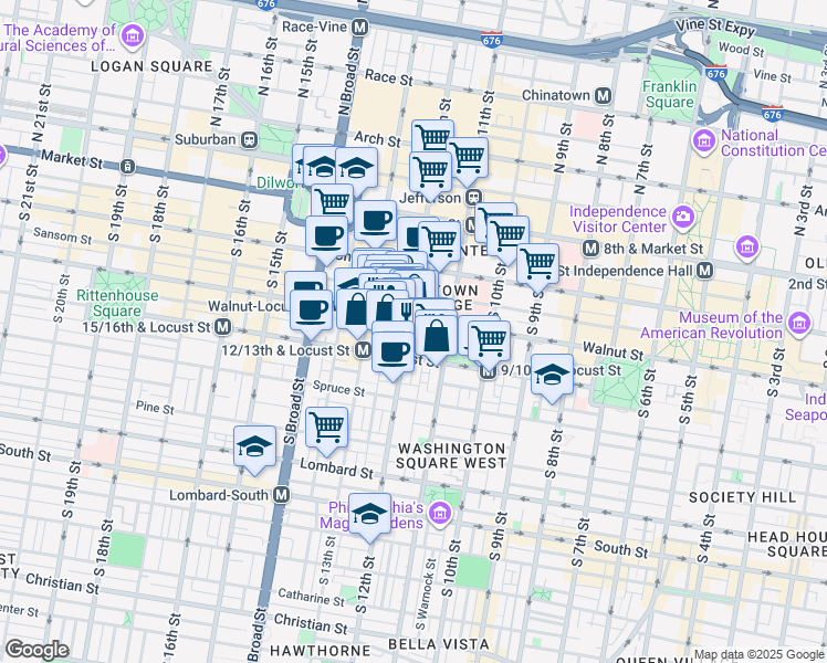 map of restaurants, bars, coffee shops, grocery stores, and more near 1111 Locust Street in Philadelphia