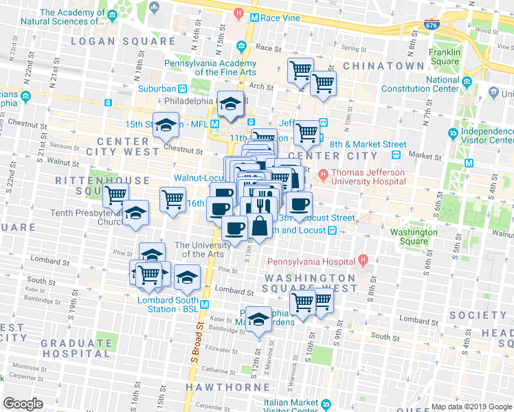 map of restaurants, bars, coffee shops, grocery stores, and more near 1301 Locust Street in Philadelphia