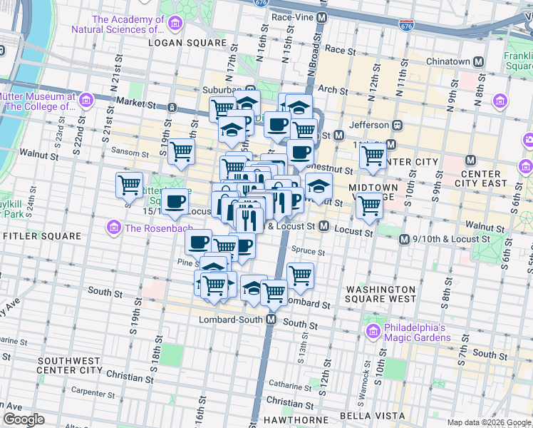 map of restaurants, bars, coffee shops, grocery stores, and more near 1500 Locust Street in Philadelphia