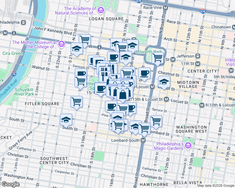 map of restaurants, bars, coffee shops, grocery stores, and more near 263 South 17th Street in Philadelphia