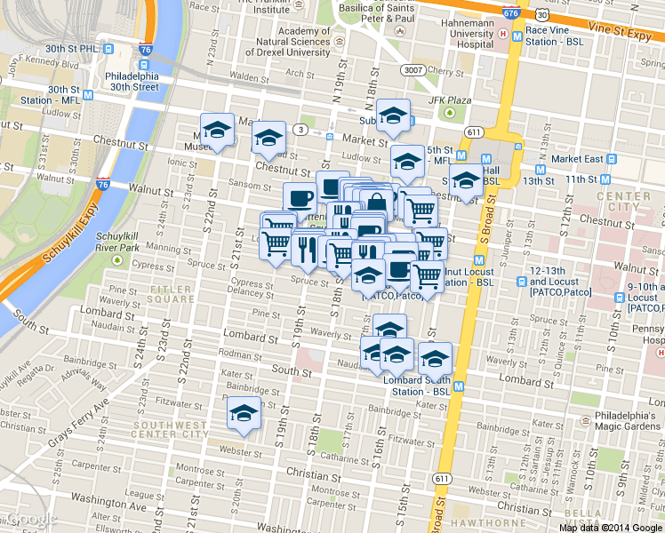 map of restaurants, bars, coffee shops, grocery stores, and more near 237 South 18th Street in Philadelphia
