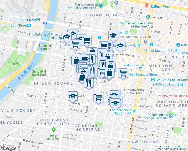 map of restaurants, bars, coffee shops, grocery stores, and more near in Philadelphia